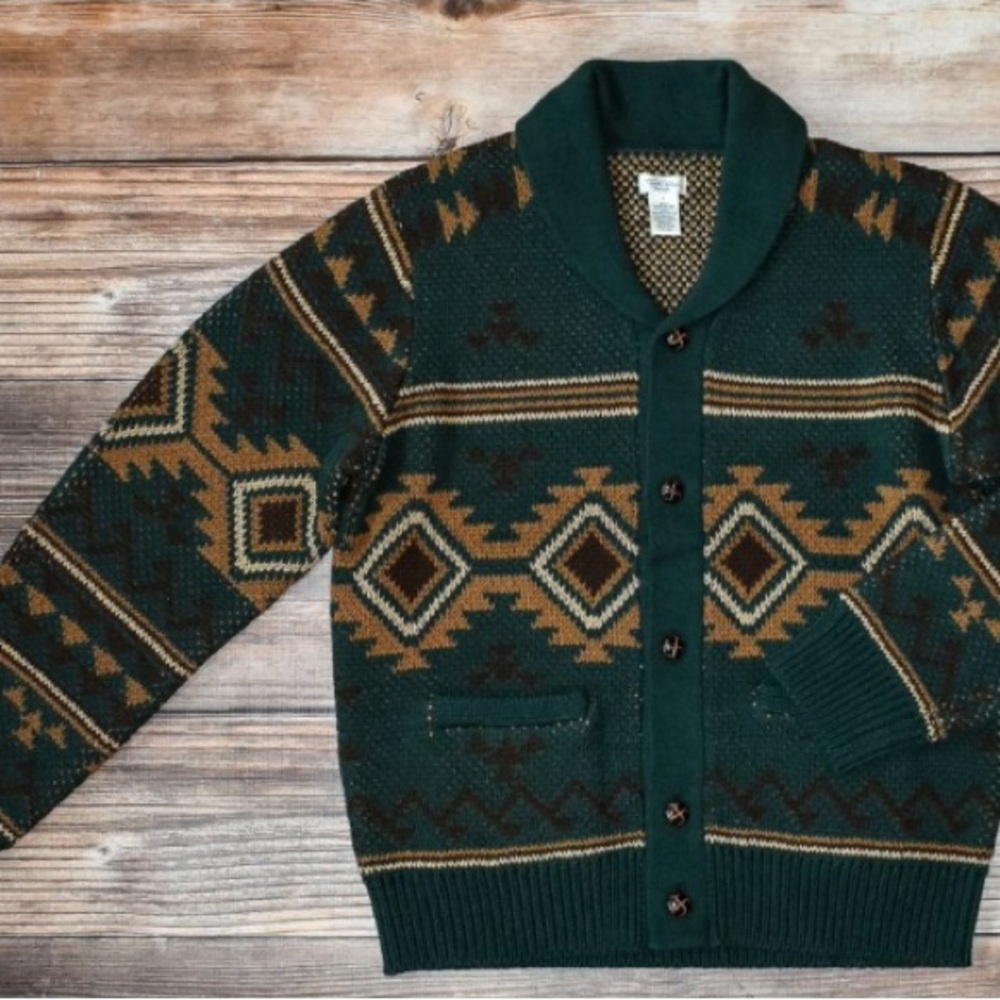 Tasha Polizzi Forest Green and Brown Geometric Cardigan